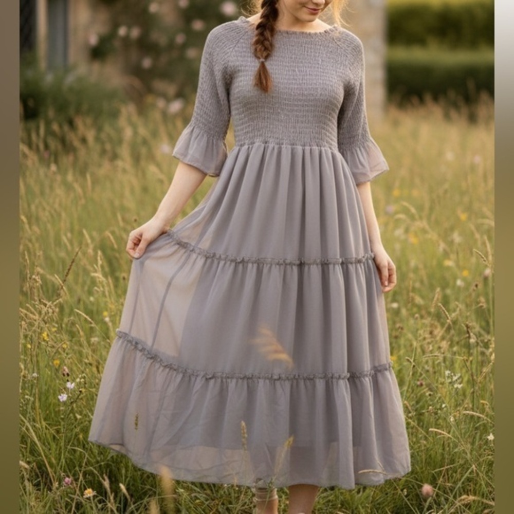 JESSAKAE Wandering Willoughby Smocked Midi Dress in Dusty Lavender Gray NWT